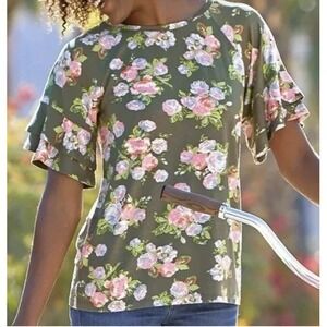 Matilda Jane‎ Shirt Women's XS Green Floral Flouncy Cottagecore Feminine Stretch